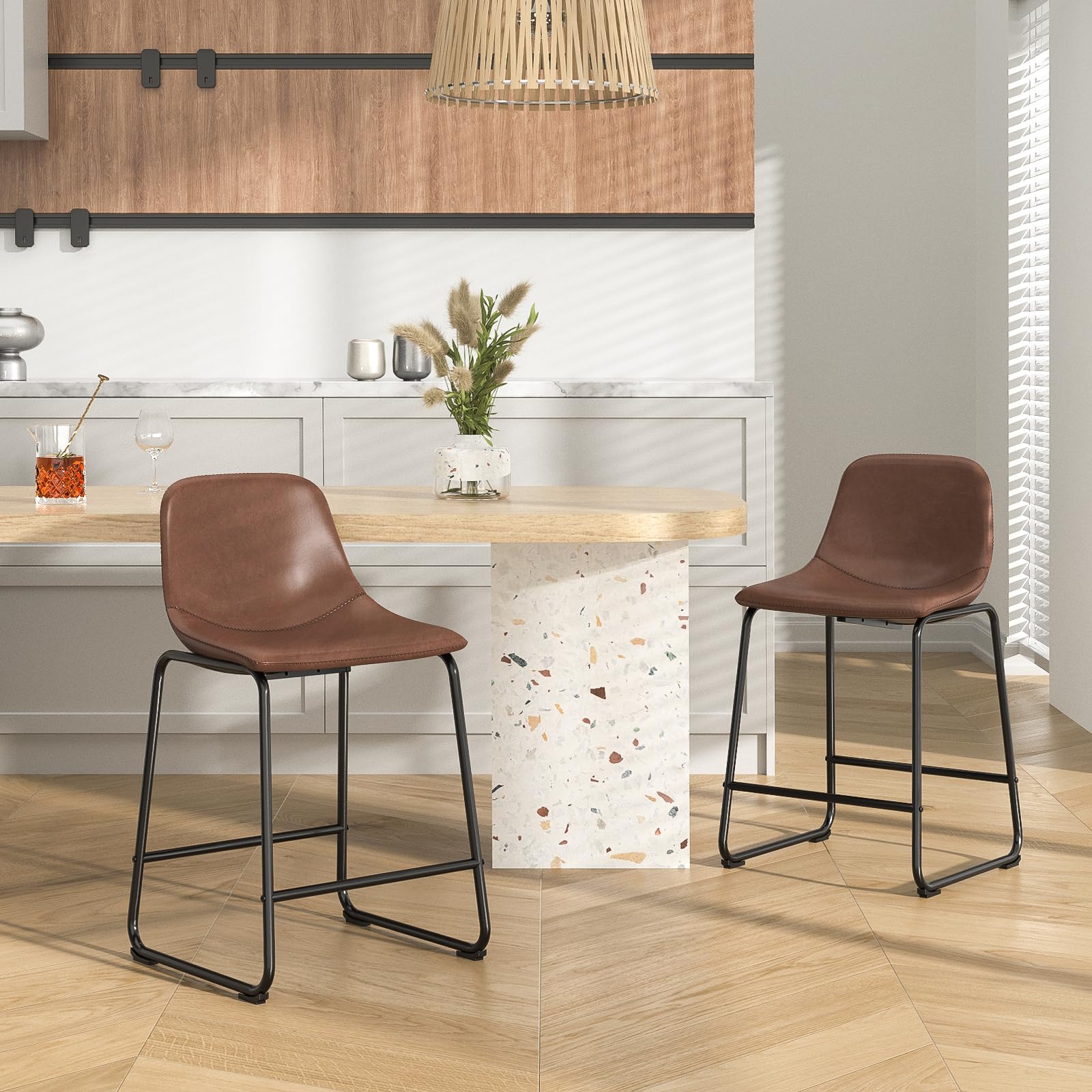 Rfiver Pu Faux Leather Bar Stools, Industrial Pub Barstools with Back and Footrest, Modern Armless Bar Height Stool Chairs